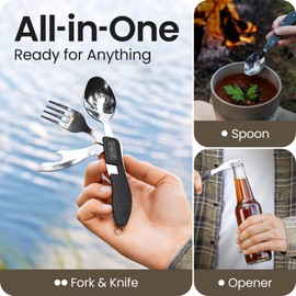 Orblue 4-in-1 Camping Utensils, 1-Pack, Portable Stainless Steel Spoon, Fork, Knife & Bottle Opener Combo Set - Travel, Backpacking Cutlery Multitool, Black