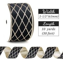 Mayreel Black and Gold Christmas Tree Ribbon 2.5 Inch, Metallic Diamond Glitter Velvet Wired Edge Lattice Ribbon for Gift Wrapping, Floral Craft, Bows, Wreaths, Garland, Holiday Decor,10 Yards