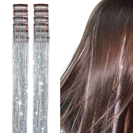 YOOONXI 12Pcs Hair Tinsel Clip in 19.6Inch Glitter Tinsel Hair Extensions Heat Resistant Shiny Sparkle Fairy Hair Tinsel Kit for Women Girls Kids (Silver)
