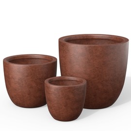 Kante Round Concrete Planter Set of 3, Large Outdoor Indoor Plant Pots with Drainage Hole, 10/14/18-Inch Diameter Flower Pots for Patio, Garden and Home, Rusty