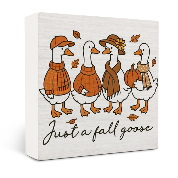 OVAcational Fall Goose Wooden Box Sign Desk Decor, Rustic Autumn