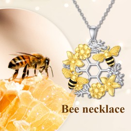 MEIDERBO Bee Necklace 925 Sterling Silver Honeycomb Cute Flower Pendant Two Bee Jewelry Sister Best Friend Necklaces Gifts for Mom Daughter Wife Women Birthday Gifts
