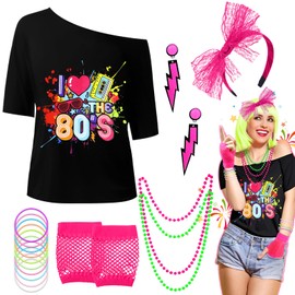 Sekepingo 80s Fashion Women Off Shoulder Top with Neon Bracelets Statement Headband, Earrings Necklace Mesh Gloves for Disco Parties, Vintage Events & Cosplay (XL)