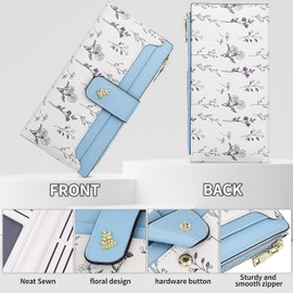 [Farcauo] Cute RFID Long Wallet Green Billfold Card Holder ID Window Minimalist Flower Design Leather Coin Bag Kawaii Travel Cash Wallet, #Eb Blue Flower Women's Wallet