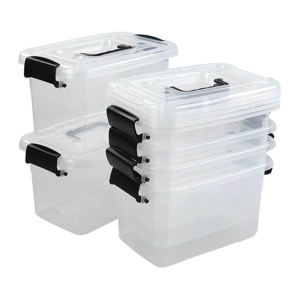 Qqbine 5.5 Quart Clear Small Plastic Storage Box, Latch Storage Bin, 6 Packs