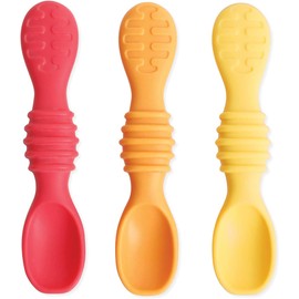 Bumkins - Juego de utensilios para bebé, cucharas de entrenamiento de silicona para sumergir, punta suave, autoalimentación, masticar, destete LED para bebé, suministros de entrenamiento para el primer año, esenciales para aprender a comer, 4 meses, paque