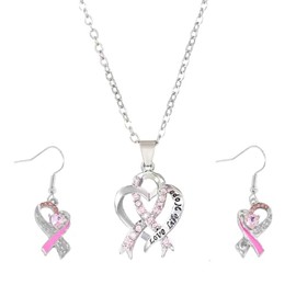 Juego de joyas de corazón con cinta de conciencia rosa para mujer