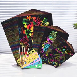 SQAQS 59pcs Scratch Paper, Positive and Negative Availability, Art Paper, Rainbow Magic Scratch Off Sheets Set, Black Pads Note Arts and Crafts Kit, Colour Changing Magic Pen Art