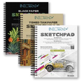 Set of 3 Sketchpads White, Toned Tan, Black with Fine Tooth Spiral Bound Drawing Paper Pad for Kids and Adults