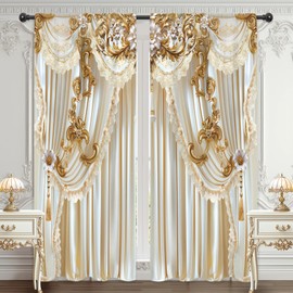 Riyidecor White Gold Golden Curtains Vintage Elegant Luxury (no Tassel) European Rod Pocket Women Girls Gorly Modern Bedroom Living Room Treatment Fabric 2 Panels 52Wx84H Inch