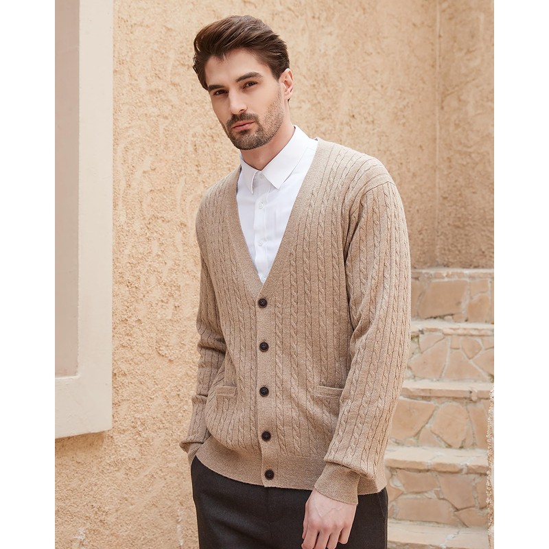 Kallspin Men's Cardigan Sweater Wool Blend V Neck Cable Knit