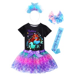 Doctor Unicorn Birthday Girls Mermaid Outfit Set Costume Tutu Skirt Dress, Mermaid Birthday Shirt, Headband & Satin Sash (Black-3, 4-5 Years)