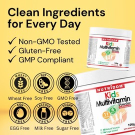 Nutridom Complete Kids Multivitamin Powder - 100g, All-Natural, Non-GMO, Sugar-Free, Vegan, Vegetarian - with Vitamins A, B Complex, C, D3, Magnesium, Calcium, Biotin and More for Optimal Child Health and Wellness.