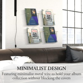 MyGift Modern Metal Wire Wall Mounted Vinyl Records Storage Racks, Hanging LP Record Holders, Floating Album Cover Display Shelves, Set of 2 (Brass- 4 Pcs)