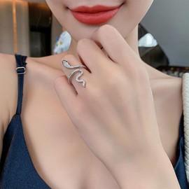 YienDoo Gothic Rhinestone Snake Ring Silver Vintage Serpent Knuckle Ring Statement Cubic Zirconia Opening Animal Snake Band Ring Boho Midi Cuff Rings Snake Joint Finger Ring for Women
