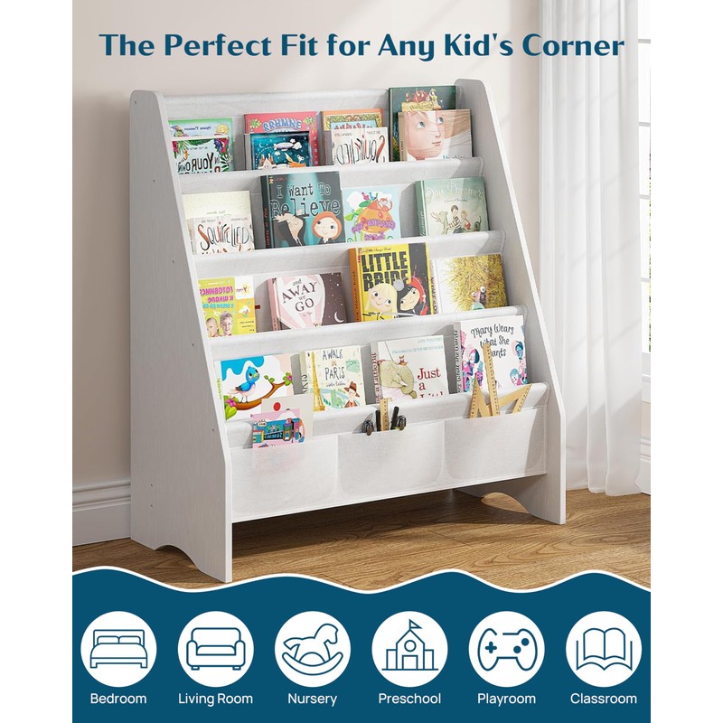 SEIRIONE Sturdy Kids Bookshelf, Children Display Rack, 4 Sling and