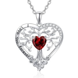 Tree of Life Necklace for Women Sterling Silver January Birthstone Jewellery Garnet Necklace Tree of Life Heart Pendant Necklace Jewellery Valentines Gifts for Women