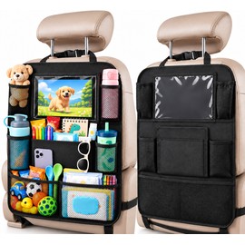 Car Backseat Organizer with Touch Screen Tablet Holder, Multi-Pocket Seat Back Protector for Kids & Family Travel, Oxford Fabric Car Storage Organizer for Snacks, Toys, Wipes and Bottles, Universal Fit, Black 1 pc