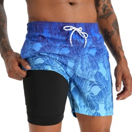 iCKER Swimming Trunks Men's Compression Liner 2 in 1 Swimming Shorts Board Shorts Quick-Drying Beach Shorts, Blue Stk273