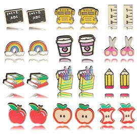 coadipress 16 Pairs Teacher Stud Earrings for Women Cute Wooden Pencil Crayon Ruler Apple Book Earrings for Teachers Earrings Back to School Appreciation Jewelry Gift, Extra large, Alloy Steel, No