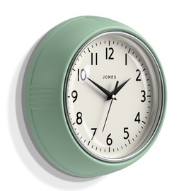 Jones Clocks® Ketchup Clock – Retro Wall Clock. Round clock with easy-to-read numbers for kitchen clock, office clock, living room clock. Size: Small clock, 25cm. Colour: Mint green clock.