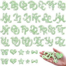 62 parches autoadhesivos de letras de perlas (A-Z) con estampado de estrellas y mariposas en forma de corazón, lazo, flores, perlas con purpurina, apl
