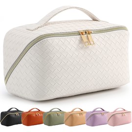 TOPALL Cosmetic Bag Travel Women's Beauty Case PU Leather Large Make Up Bag Portable Makeup Bag Toiletry Bag Organiser with Capacity for Travel Accessories Travel Essentials Women, Gridded White