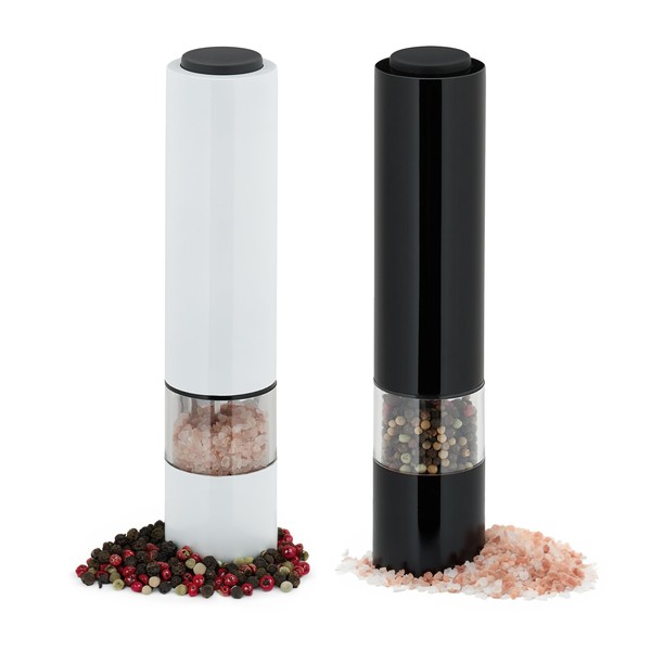 Relaxdays Salt and Pepper Mill, Set of 2, Stainless Steel, Ceramic Grinder, Electric Spice Mill, LED Light, White/Black