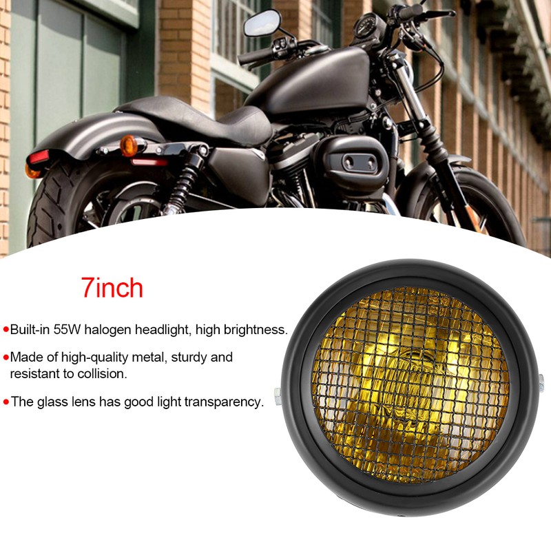 7in 55W Motorcycle Grill Headlight Retro Style Halogen Head Lamp