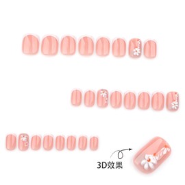 KQueenest White French Nails for Sticking Short Square - Press On Nails with 3D Flowers Design, Fake Nails Artificial Fingernails, Sequins, Full Cover Coquette Acrylic Nails for Women