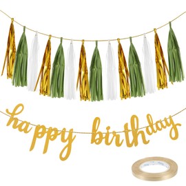 Paper Tassel Garland for Sage Green Birthday Party Decorations, Gold Happy Birthday Banner, Gold, Cream, Green Tassel Banner for Women Men Boys Girls Party Decorations
