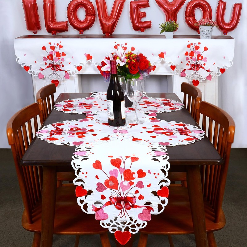 Grelucgo Embroidered Red and Pink Table Runner for February 14th