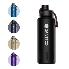 Insulated Water Bottles, Stainless Steel Flask with Lanyard & Wide Mouth Spout Lid, Leak Proof Double Wall Vacuum Drink Bottle, Keep Drinks Hot & Cold for Hiking Camping (Midnight Black, 32oz / 950ml)