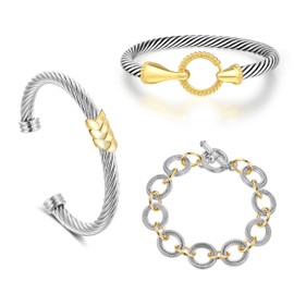 Aprilery 3 Pcs Cuff Bracelet for Women Wire Cable Bracelet - Gold and Silver Twisted Two Tone Bangle Gold Hook - Chain Circle Link Bracelets Jewelry Gifts (Set A)