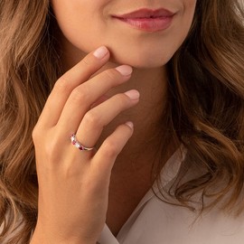 PEORA Created Ruby Half Eternity Ring for Women 925 Sterling Silver, 0.75 Carat total, Dainty Trellis Band, 3.5mm, Size 5, July Birthstone Ring, Sparkling Jewelry, For Classy Gift & Everyday Wear