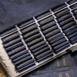 RETTACY Bible Tabs, Leather Bible Tabs, Large Size, Bible Tabs for Men, Bible Study Supplies, 66 Bible Tabs for Old and New Testament, Additional 21 Tabs for Apocrypha, 9 Blank Tabs (Dark Blue)