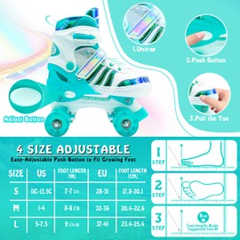 SMOOJOY Roller Skates for Girls Kids Boys,4 Size Adjustable Indoor Outdoor Green Quad Rollerskates with Light up Wheels for Beginners Ages 5-8