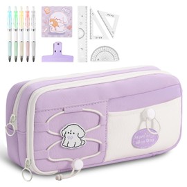 Estuche para lápices de gran capacidad con 7 compartimentos,1 Estuche para Lapices + Regla, Notas Adhesivas,BolíGrafo Y Clip,Estuche con Cordón de Gran Capacidad, Morado,Resistente Al Agua，Lienzo