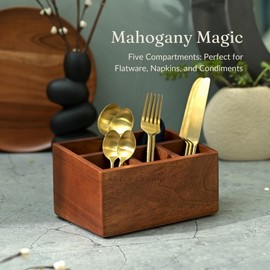 Brick Brown Premium Handcrafted Wooden Spoon stand for kitchen | cutlery holder for dining table | wooden caddy storage organiser stand with 5 section Mahogany Finish(8.75x6x4.5 inch)