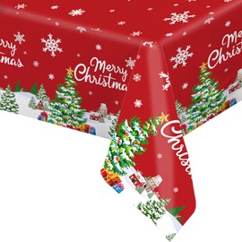 Christmas Tablecloth - 137 x 274 cm Christmas Tablecloth Snowflakes Red Plastic Christmas Tablecloth for Tablecloth Christmas Winter Party Table Decoration