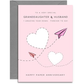 Granddaughter & Husband 1st Anniversary Card - Paper Wedding Anniversary Card - Paper Planes Design - A5 Size Card with Grey Envelope