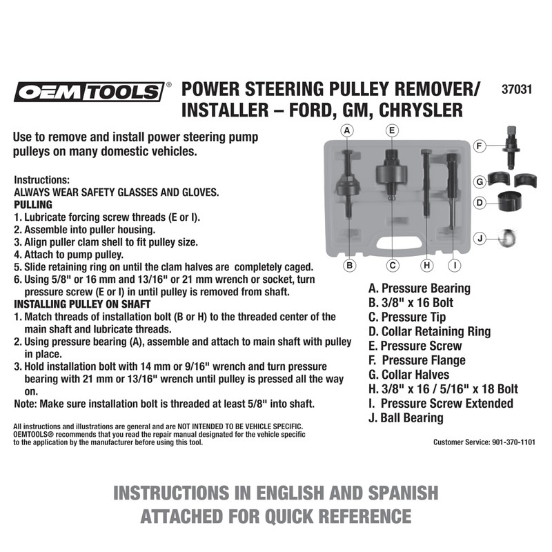 OEMTOOLS 37031 Power Steering Pulley Puller and Installer Kit, Removes