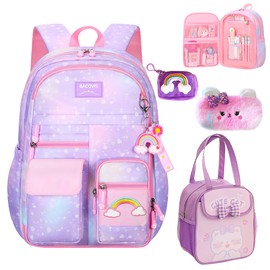 5Pcs Kawaii Backpack Set for Girls, Kids Bookbag Rainbow Laptop Bag Water-Resistant Lightweight Daypack, Girls Large Capacity School Backpack Gradient Double Shoulder Backpack (Purple)