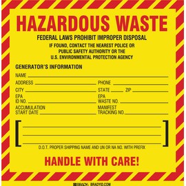 Brady 121151 6" Height, 6" Width, B-933 Vinyl, Red And Black On Yellow Color Hazardous Waste Label, Legend "Hazardous Waste Federal Law Prohibits Improper Disposal..." (Pack Of 100)