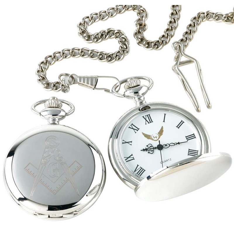 Luxury Vault Freemason Masonic Engraved Silver Pocket Watch and Chain