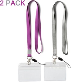 YOUOWO 2 Pack ID Badge Holders with Purple Lanyards Office Neck Strings Strap Grey Lanyard with Horizontal Heavy Duty id Holder PVC Name Tag Card Holder Waterproof Resealable Clear Plastic