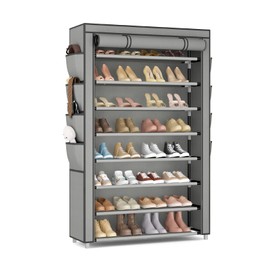 Shoe Rack with Cover, 8 Tier Tall Shoe Organizer Storage for 36-45 Pair Shoes and Boots Large Shoe Storage Shelf Free Standing Shoe Rack for Closet, Front Door Entrance, Dorm, Garage, Grey