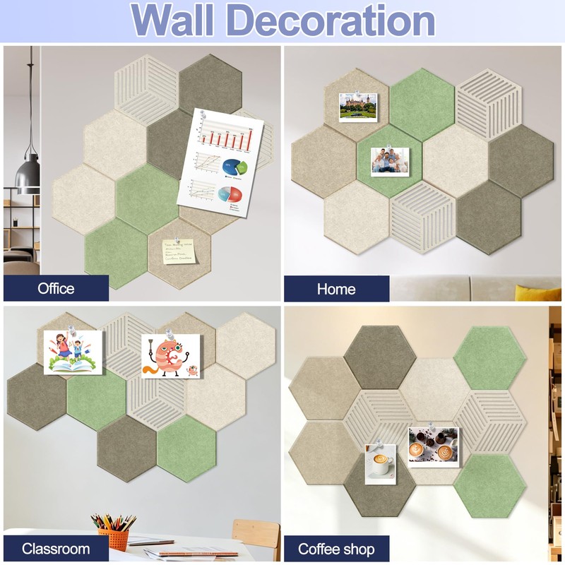 10PCS Hexagon Cork Board Tiles, Self-Adhesive Felt Bulletin for Walls