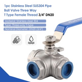 WALFRONT 3-Way Pipe Ball Valve 3/4"NPT Female Thread Valve 304 Stainless Steel Full Port with Handle for Water Oil Gas