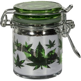 Airtight Glass Herb Mini Storage Jar with Clamping Lid in Choice of Design (Metallic Silver/Green Leaves, Small)